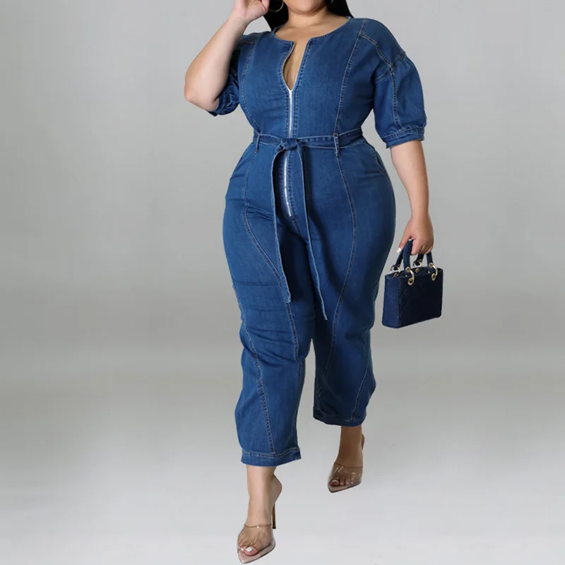 Benuynffy Plus Size Half Zipper Front Belted Jeans Jumpsuit Women 2025 New Streetwear Puff Sleeve Fashion Washed Denim Jumpsuit image 4
