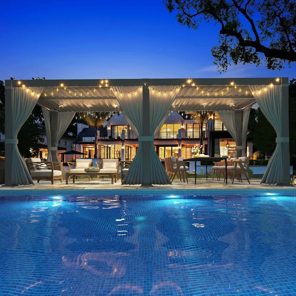 

Пергола 10x20 футов, алюминиевая пергола с регулируемой крышей, водонепроницаемыми шторами и сетками, на заказ