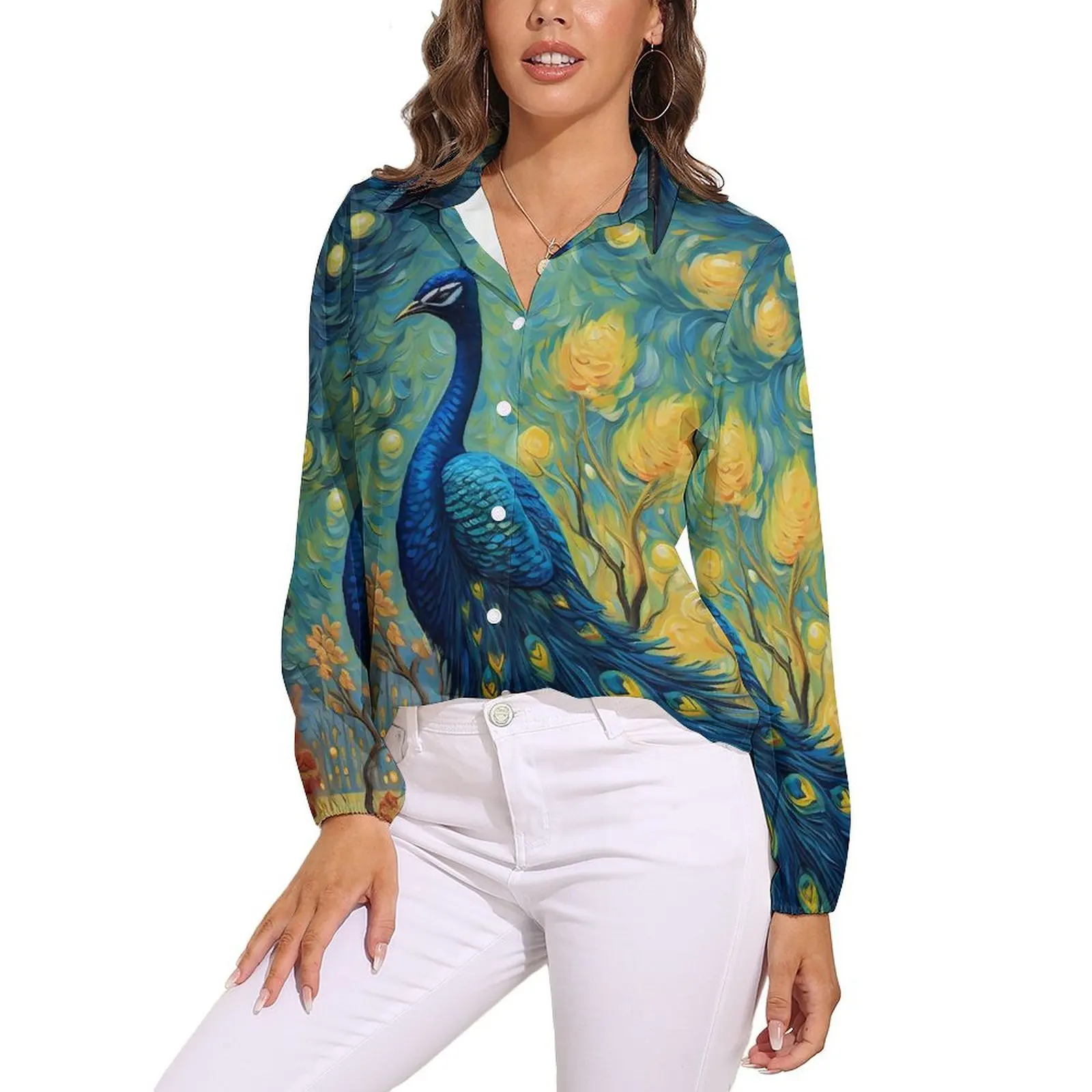 Fantasy Painting About Peacock Blouse Long-Sleeve  Pretty Blouses Female Street Wear Oversize Shirt Design Top Gift Idea