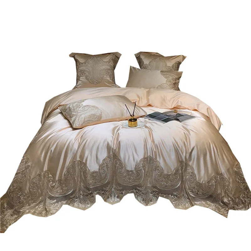 Simple solid color four-piece set cotton light khaki satin lace bedding light luxury French quilt cover light gold