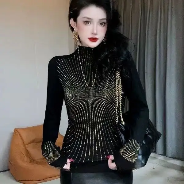 

Autumn winter Sequin glossy black long sleeve jumpers Splicing warm slim plus size women tops pullovers