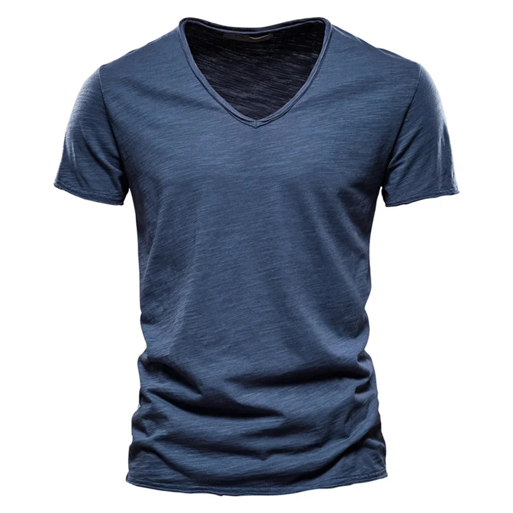 Merkkwaliteit 100% Katoen Heren T-shirt V-hals Fashion Design Slim Fit Soild Mannelijke Tops Tees Korte Mouw