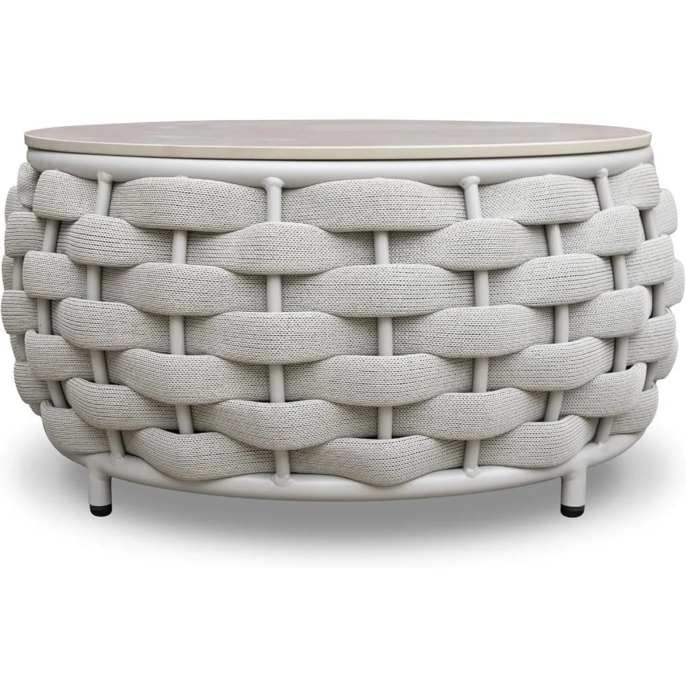 Tavolino da caffè rotondo corto da patio: tavolini in corda intrecciata a mano assemblati - Tavolo da esterno in alluminio moderno - Mobili per portico in metallo