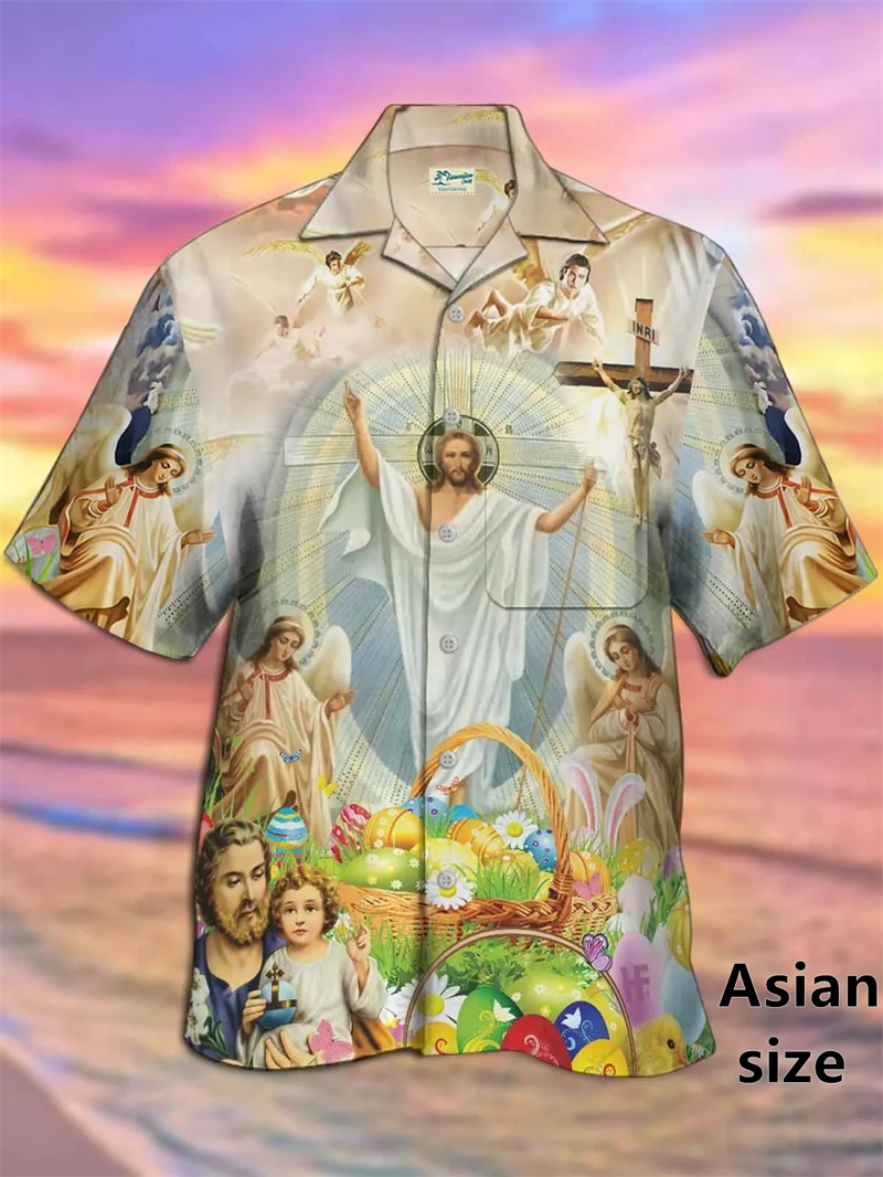 Easter Jesus Pattern 3D Printed Shirts For Men Women Summer Harajuku Casual Short Sleeves Button Shirts Unisex Hawaiian Blouse