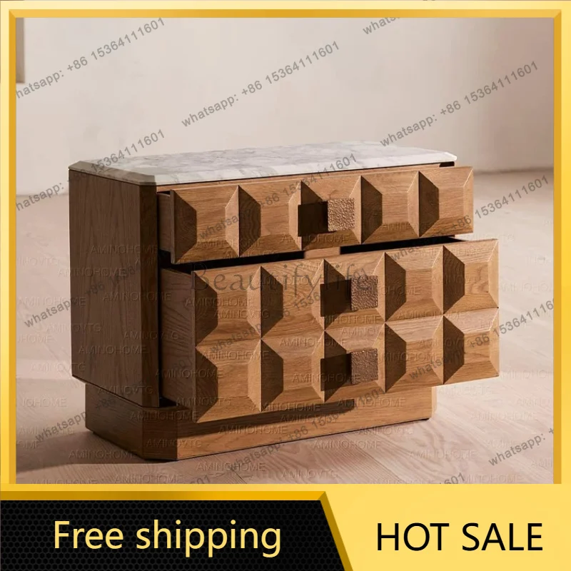 PG French antique marble solid wood bedside table retro log storage decorative cabinet