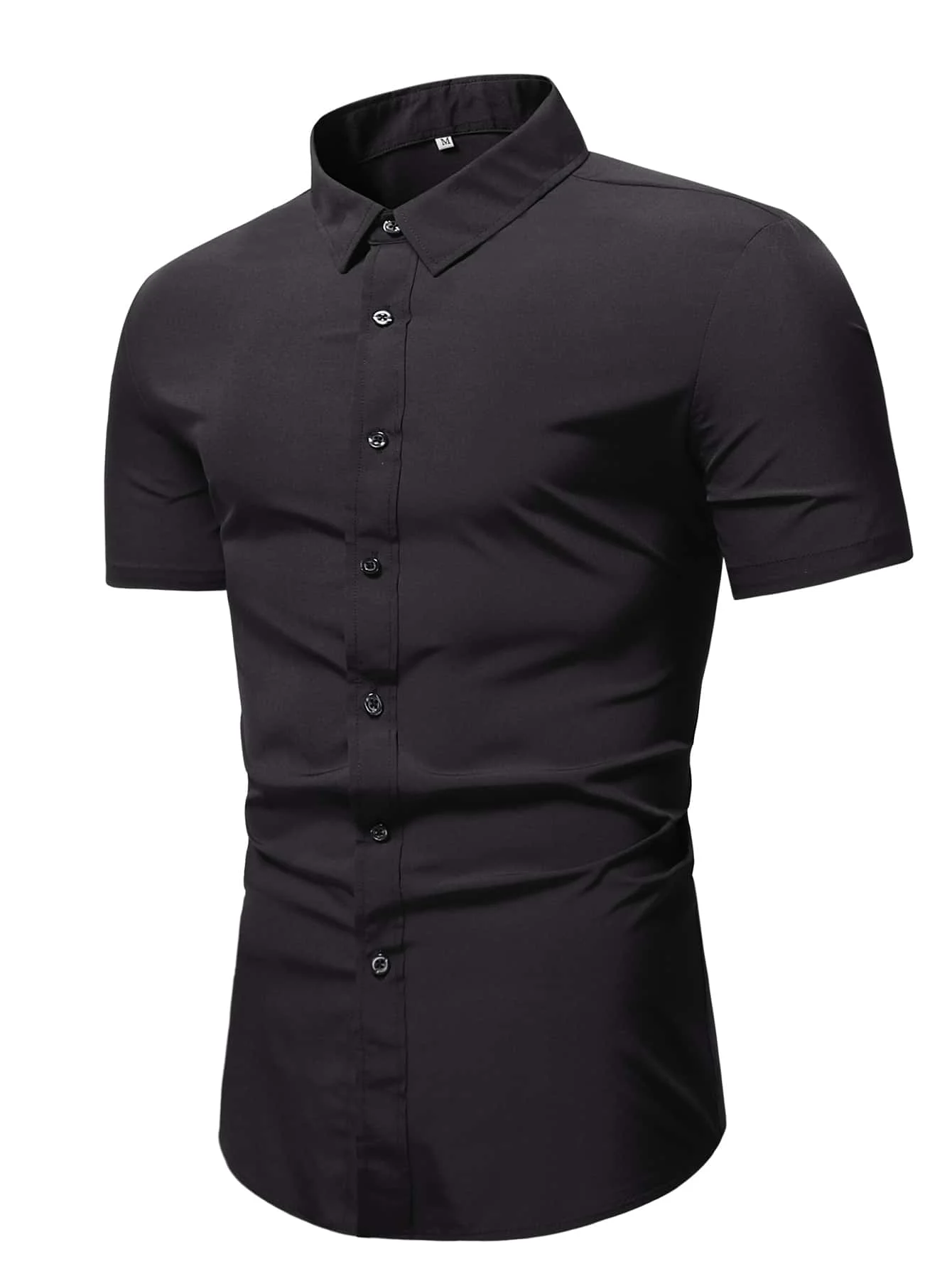 

Men's Solid Black Short Sleeve Button-Up Shirt for Casual or Business Wear