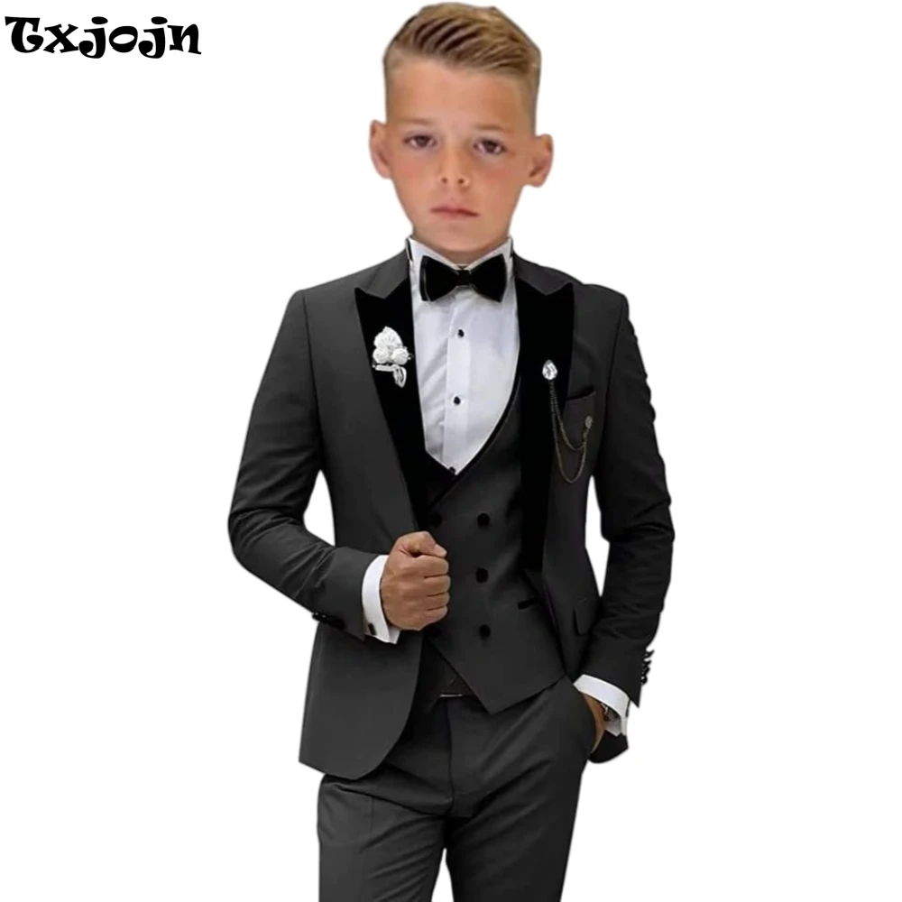 Hot Sale Black Boys Suits 4 Pieces Blazer Vest Pants Bow-tie For Piano Performance New Velvet Collar Kids Suit Set Birthday