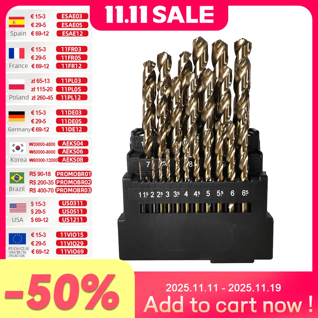 

ALLSOME 13/19/25 Pcs Hss M42 Cobalt Twist Drill Set 8 % High Cobalt For Stainless Steel Wood Metal Drilling 3 Edge Tool Kit