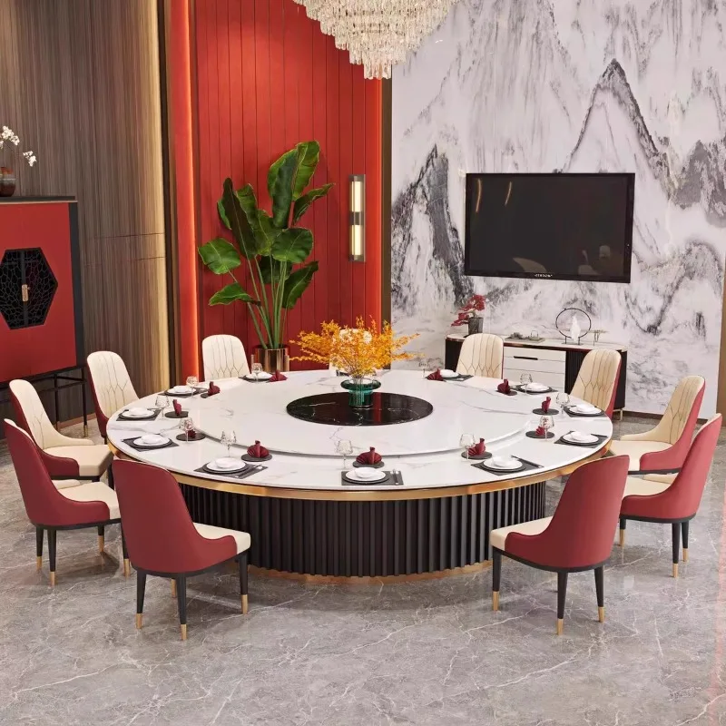 Hotel electric dining table large round table light luxury rock slab turntable restaurant clubhouse box invisible induction cook