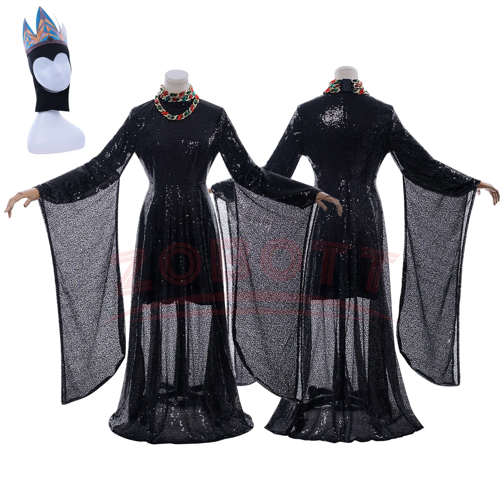 

Women Evil Queen Wicked Queen Cosplay Snow White Witch Costume Halloween carnival party black sexy sequin hat crown long dress