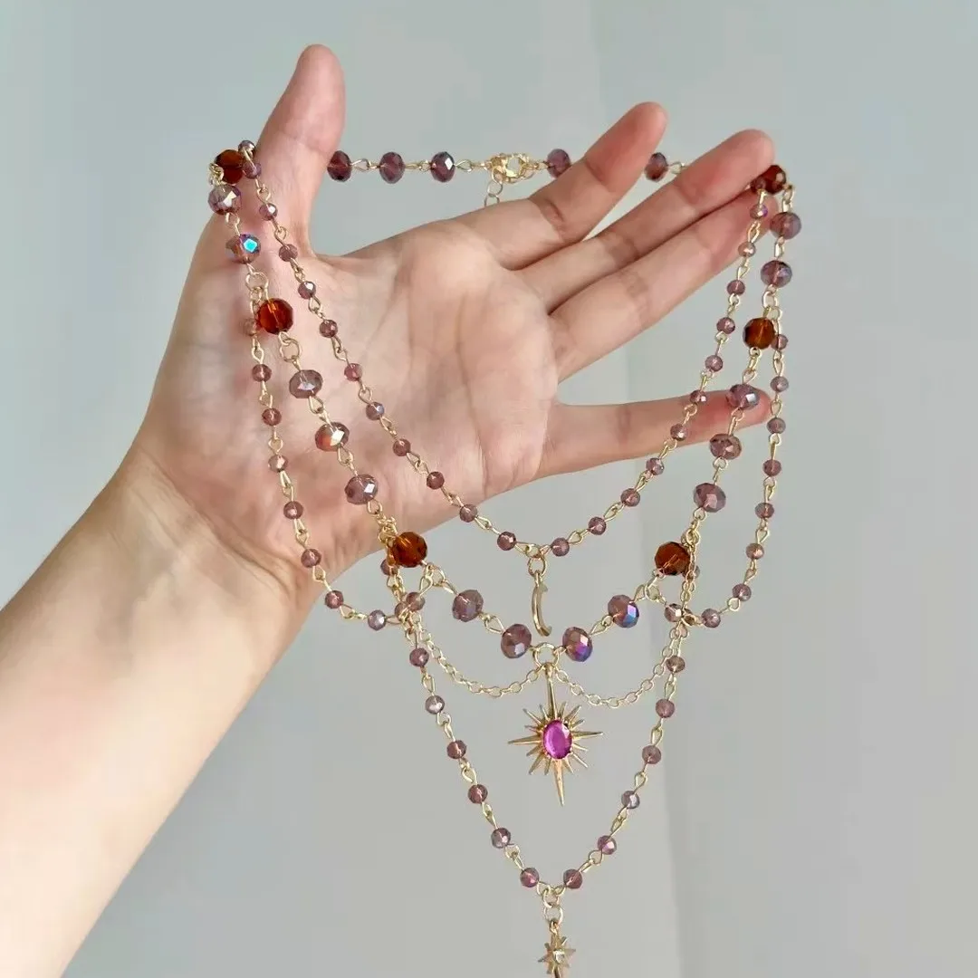 European American Multi Layer Beaded Clavicle Necklace Sweet Cool Irregular Moon Sun Tassel Pendant Stackable Necklace For Women