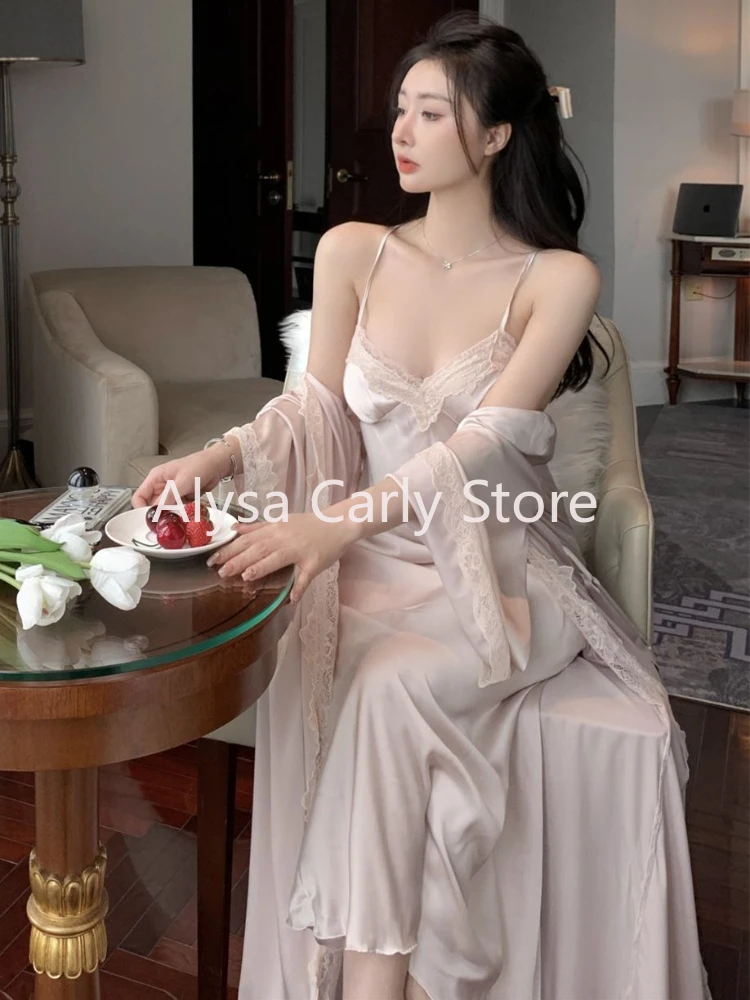 2023 Autumn Silk Sexy Strap Dress Women Lace Vintage V Neck Two-piece Dress Female Causal Elegant Korean Style Long Fairy Dress