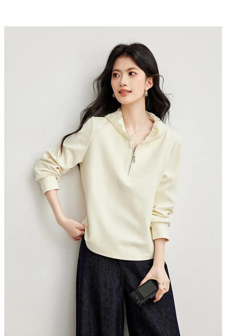 VIMLY Women's Hooded Sweatshirt 2026 Autumn Elegant Lace Trim Splicing Casual Pullover Fashion Long Sleeve Top Ladies A7628