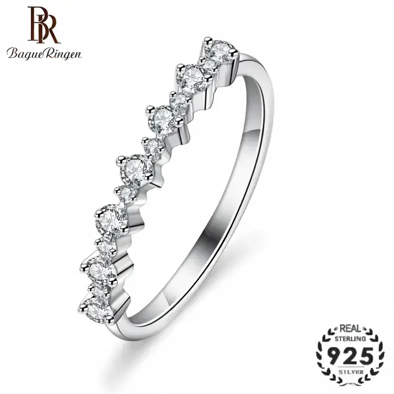 BR Trendy 925 Silver 7-Stone Straight Row Moissanite Ring for Women, Luxury Pave Setting Stackable Band, Eternity Wedding Gift