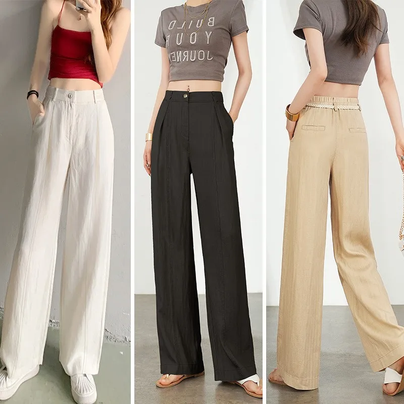 

High Waist Wide Leg Pants Women's Casual Linen Spring Summer Slimming Straight Cut Thin Fabric Comfortable Leisure