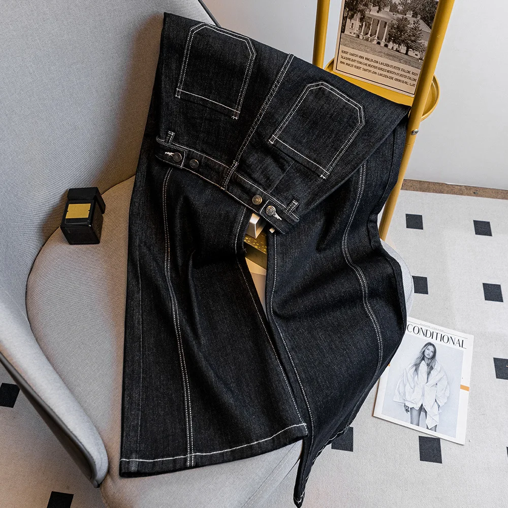 

Винтажные расклешенные джинсы с высокой талией для женщин, осенняя мода, яркий дизайн нити, свободные джинсовые брюки, 2025 г., женские универсальные брюки