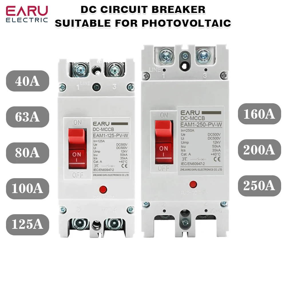 2P DC 500V DC Solar Molded Case Circuit Breaker MCCB Overload Protection Switch Protector for Solar Photovoltaic PV 100A 125A