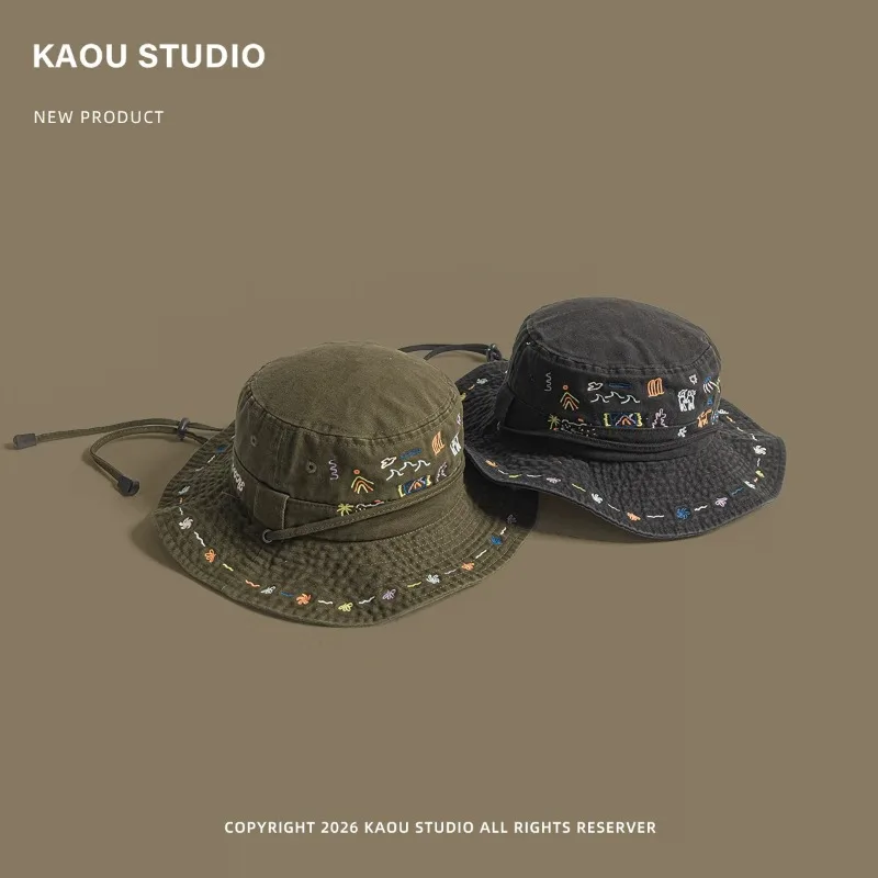 Harajuku Style Cute Cartoon Embroidery Bucket Hats for Men and Women Summer Outdoor Leisure Sun Protection Niche Hiking Caps
