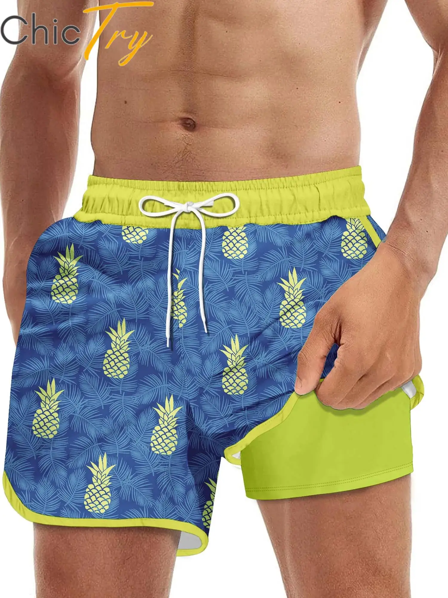 

Mens Swim Boxer Shorts Elastic Waistband Drawstrings 2 in 1 Swim Trunk Double Layers Beachwear Graphic Printed Casual Shorts