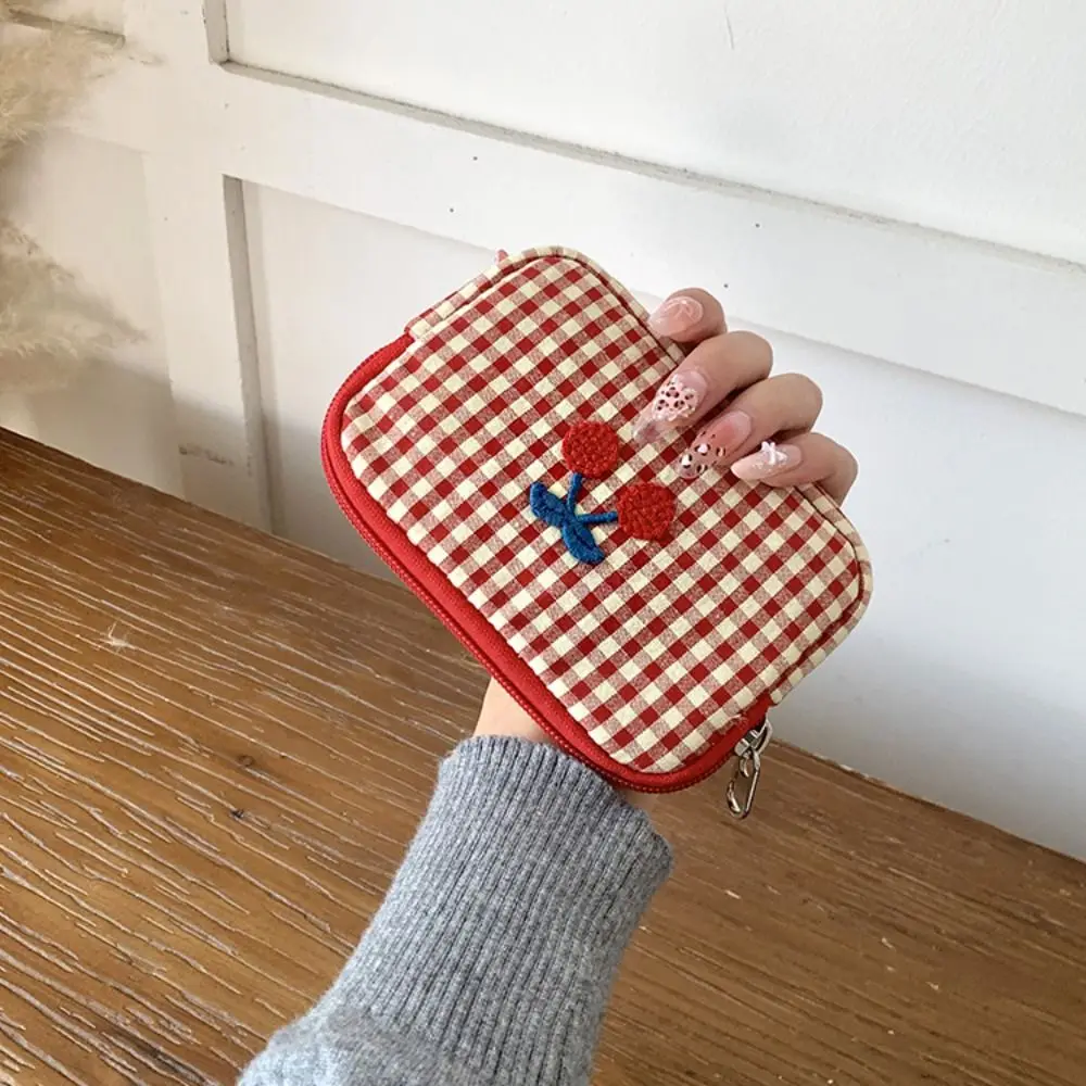 Simple Cotton Plaid Makeup Bag Multifunctional Purse Toiletry Organizer Bag Card Bag Cloth Cherry Cosmetic Bag Unisex