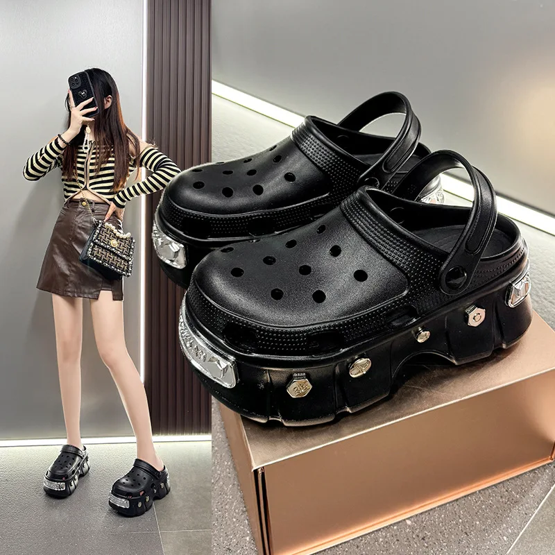 Paris New Eva Punk Style Height-Increasing Thick-Soled Metal Riveted Fashion Slippers Closed-Toe Sandals