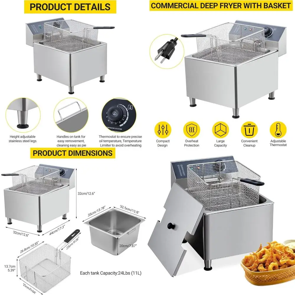 

11L 1700W Stainless Steel Deep Fryer with Large Basket and Splash Guard for Home, Food Trucks, and Restaurants (110V)