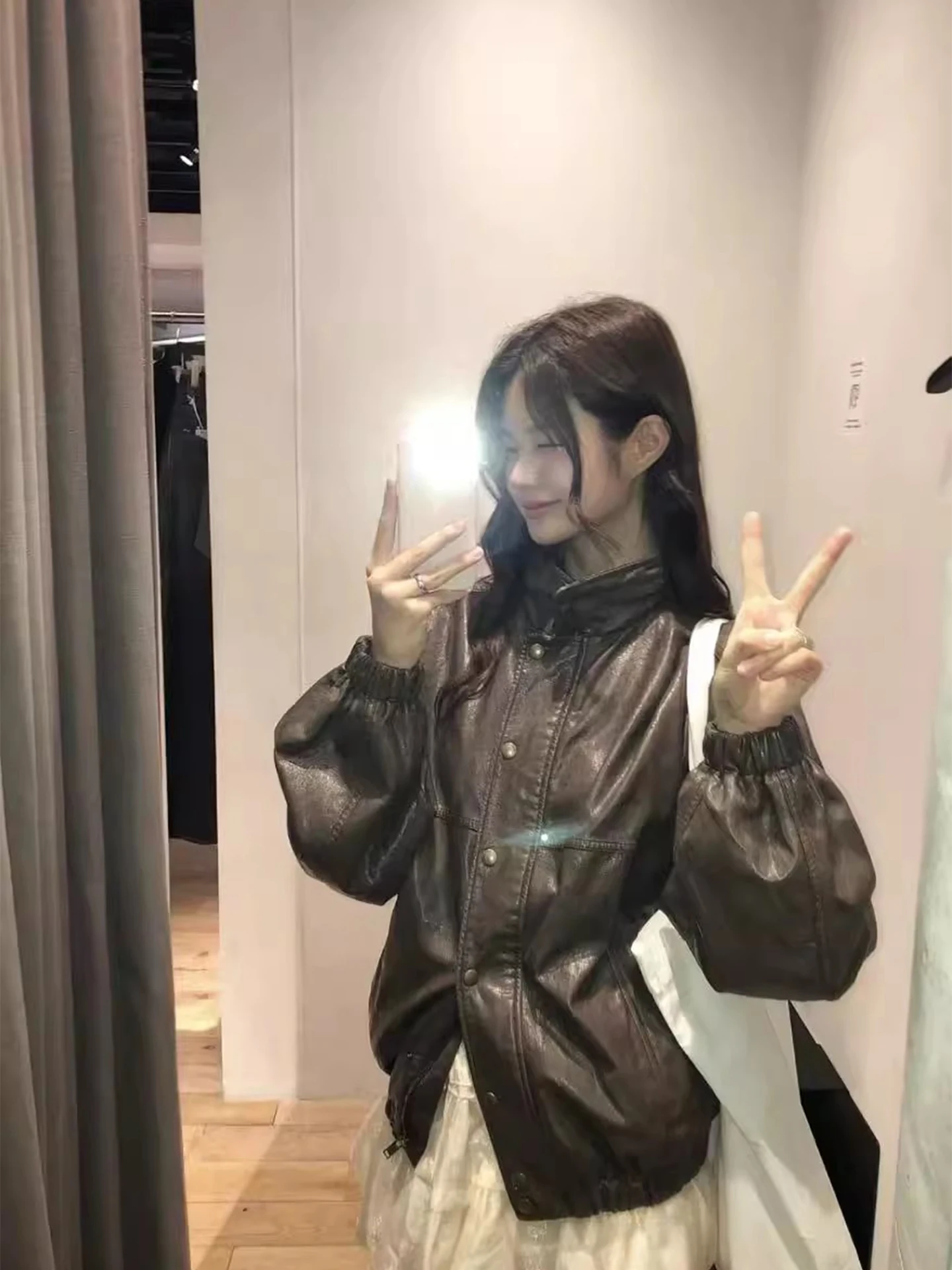

Retro Street Sle PU Leather Jaet Women's Loose Versatile ort Outerwear Autumn New Arrival Motorcycle Clothes Top