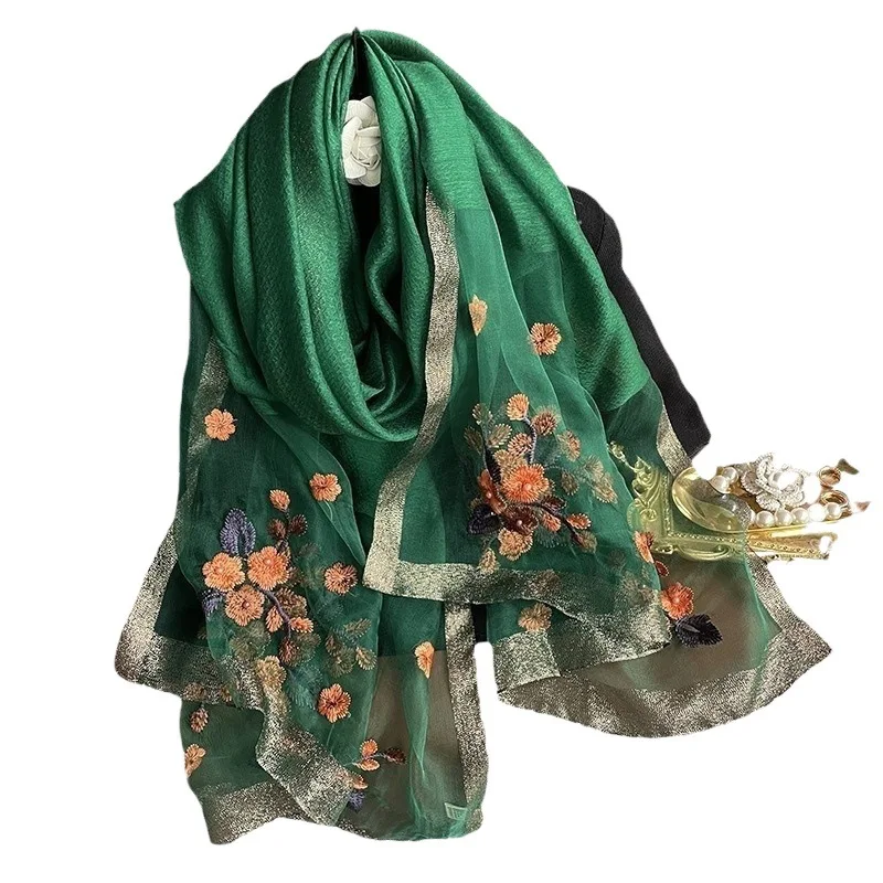 

Silk Wool Shawl Scarf Women's Beaded Scarves Hijab Female Bandana Flower Embroider Head Wraps For Women Africa Headband 190*70cm