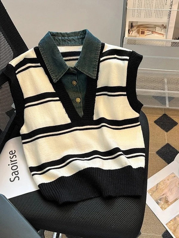 

Women's Collar Striped Denim Knitted Vest Autumn Winter Fashion Casual Style Outerwear Sweater Jacket New 2026 Model