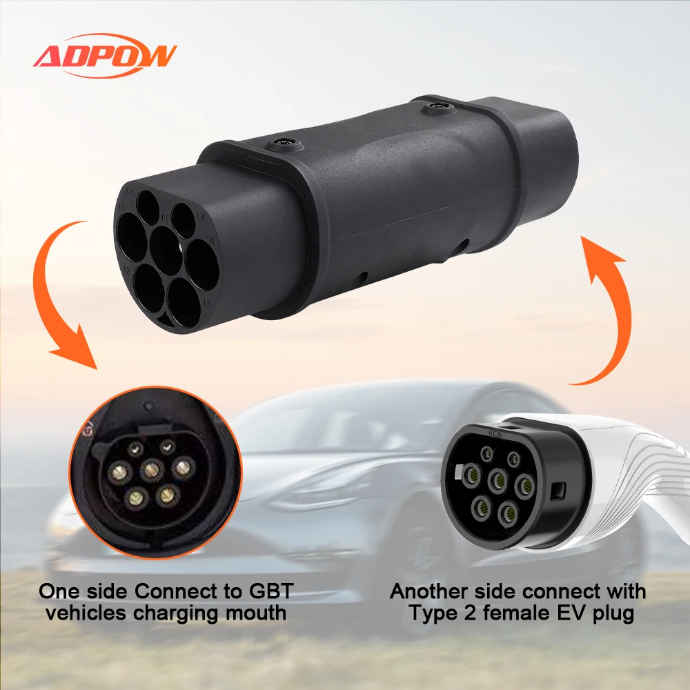 ADPOW Type2 to GBT Adapter 32A 7.2/22KW EV Charger Adapter Type2 to GBT China Standard Eletric Vehicle Converter For Chinese Car