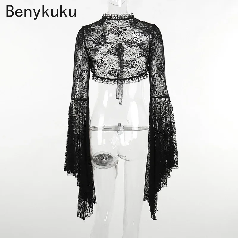 Vintage Gothic Black Lace Cardigan Women Streetwear Flare Sleeve See Through Sexy Smock Top Aesthetic Cropped Tops Women Bolero