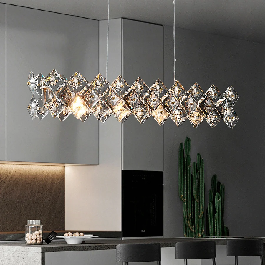 Luxury Long K9 Crystal Dining Chandelier Lustre Lampshade LED Ceiling Lighting Fixtures Large Pendant Lamp for Restaurant Bar