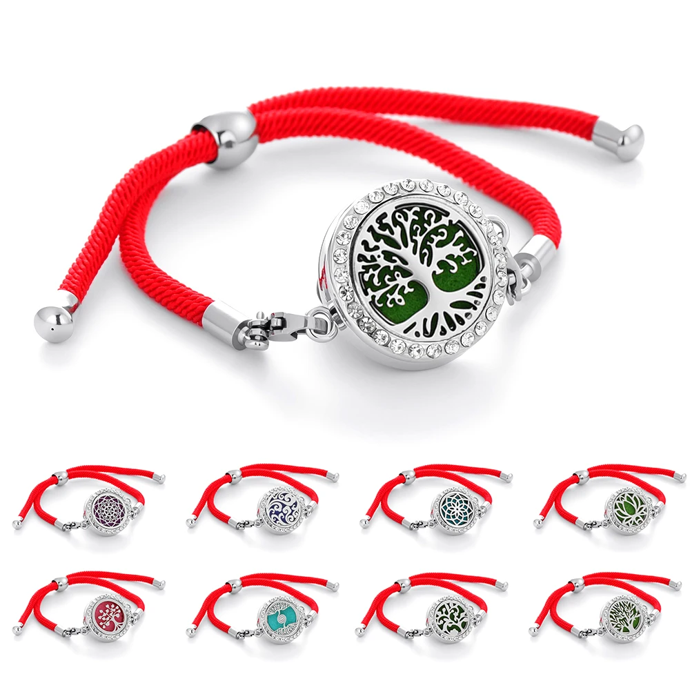 2025New Red Leather Aromatherapy Bracelet Essential Oil Diffuser Rhinestone Perfume Locket Bracelet Women Charm Aroma Jewelry