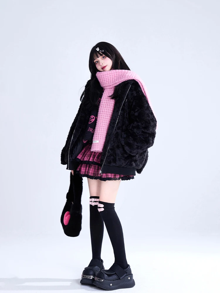 Harajuku Punk Style Black Plush Jacket Autumn Winter New Girls Sweet Cool Gothic Rabbit Ears Warm Thickened Faux Fur Jackets
