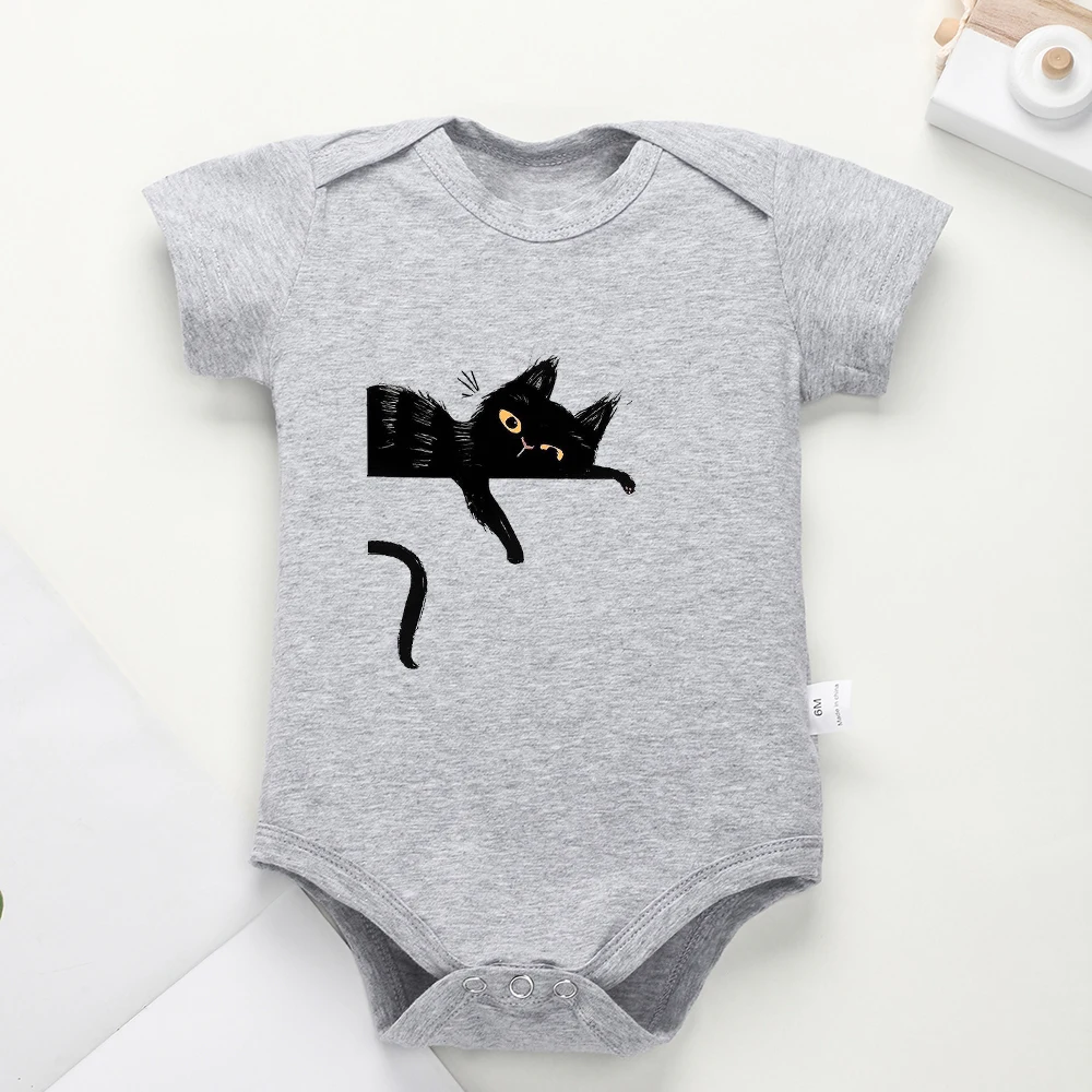 Infant Onesie Funny Black Cat Baby Boy Bodysuiy 0-24M Summer Home Casual Cotton Clothes American Style Trend Newborn Romper