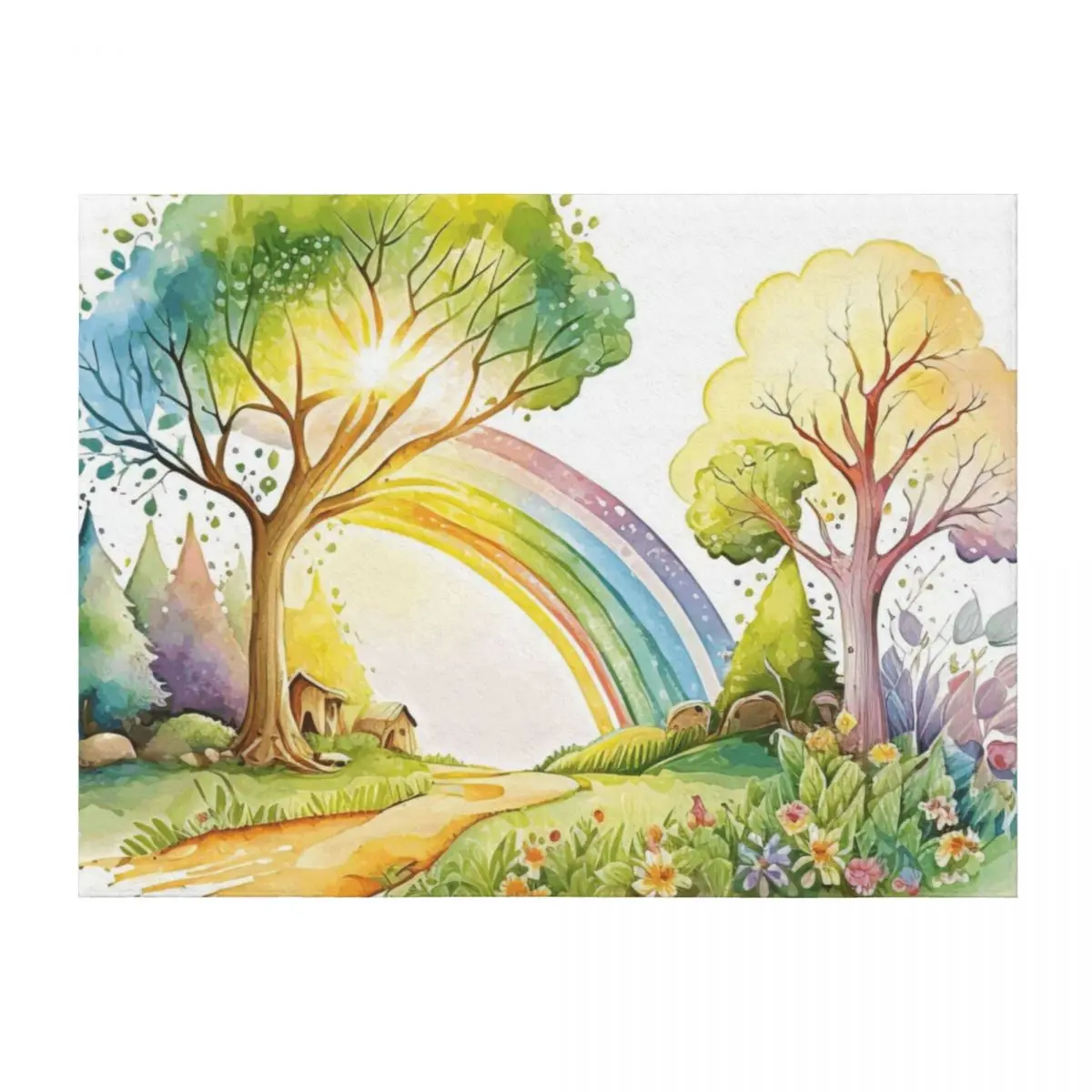 

Watercolor Floral Landscape with Rainbow and Trees, Cartoon Style, For Kids Throw Blanket Luxury Brand Blankets