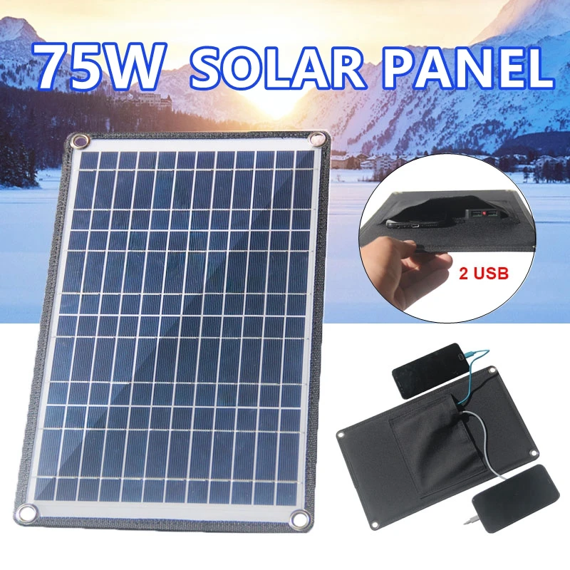 75W Solar Panel 5V Dual USB Waterproof Solar Charger Portable Solar Cells Mobile Phone Power Bank for Outdoor Camping Hiking