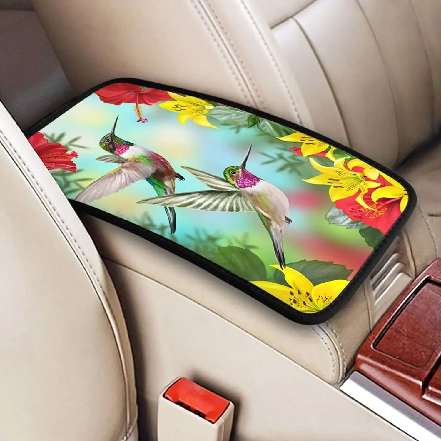 Auto Center Console Armrest Cover Pad, Spring Hummingbirds Poppy Flowers Universal Fit Car Armrest Cover Cushion Mat f