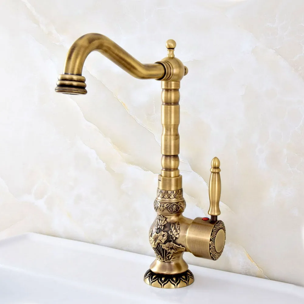 

Carved Flower Pattern Antique Bronze Single Handle Bathroom Kitchen Basin Sink Faucet Mixer Tap Swivel Spout Deck Mounted msf128