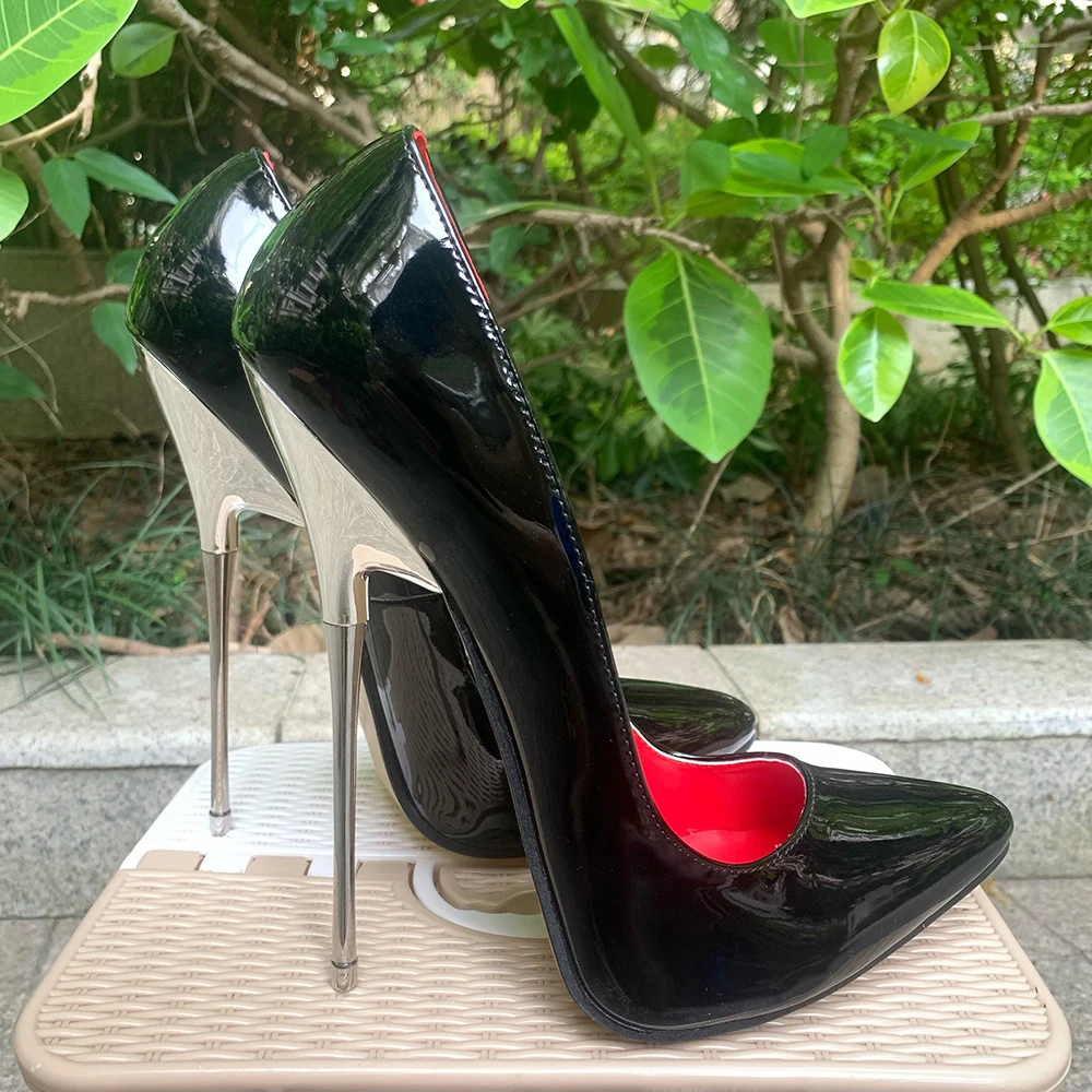 Pumps 16cm Extreme Metal High Heels Black Red Inside Sparkle Plated Heel Stilettos Sexy Fetish Model Customize Unisex Shoes