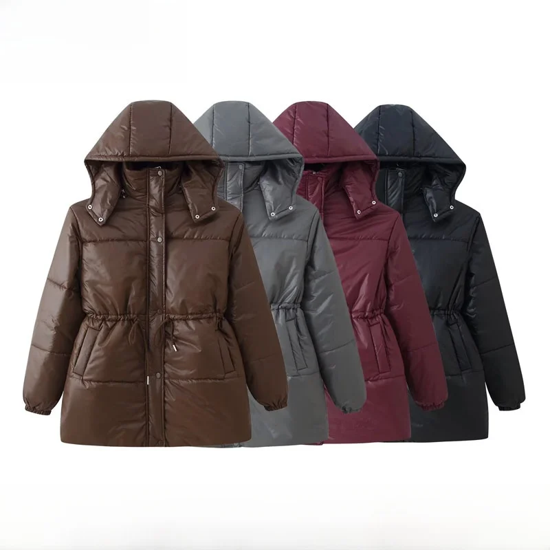 

Warm Cotton Jaet Women's New Autumn Winter Middle-Length Hooded Zipper Dstring Faionable ZR Sle Outerwear Coat