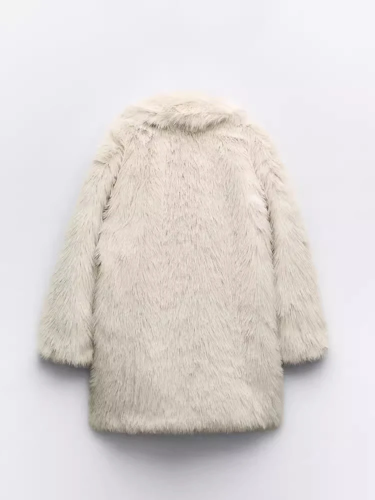 Otoño Invierno nueva llegada abrigo con efecto de piel sintética para mujer Jaet corte holgado largo Sve abotonada Color puro prendas de vestir exteriores para ir al trabajo