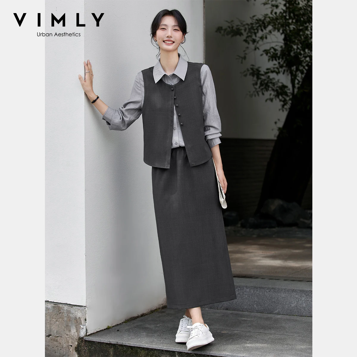 

VIMLY 3 Piece Skirt Sets Woman Outfits Autumn 2025 Office Work Wear Gray Waistcoat Polo Neck Shirts Straight Midi Skirts A3008