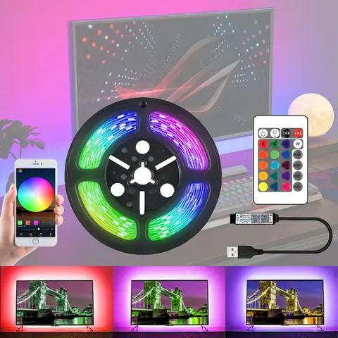 5050 RGB Flexible LED Strip Lights USB 5V BackLight Tape Light Diode Bluetooth APP Control 24Keys RF Remote Controller for TV PC