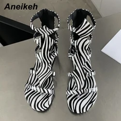 Aneikeh Women's Shoes 2026 New Rome Fashion Thong Solid Flat with Sewing Leisure Sandal Striped Ankle-Wrap Hollow Out Classics