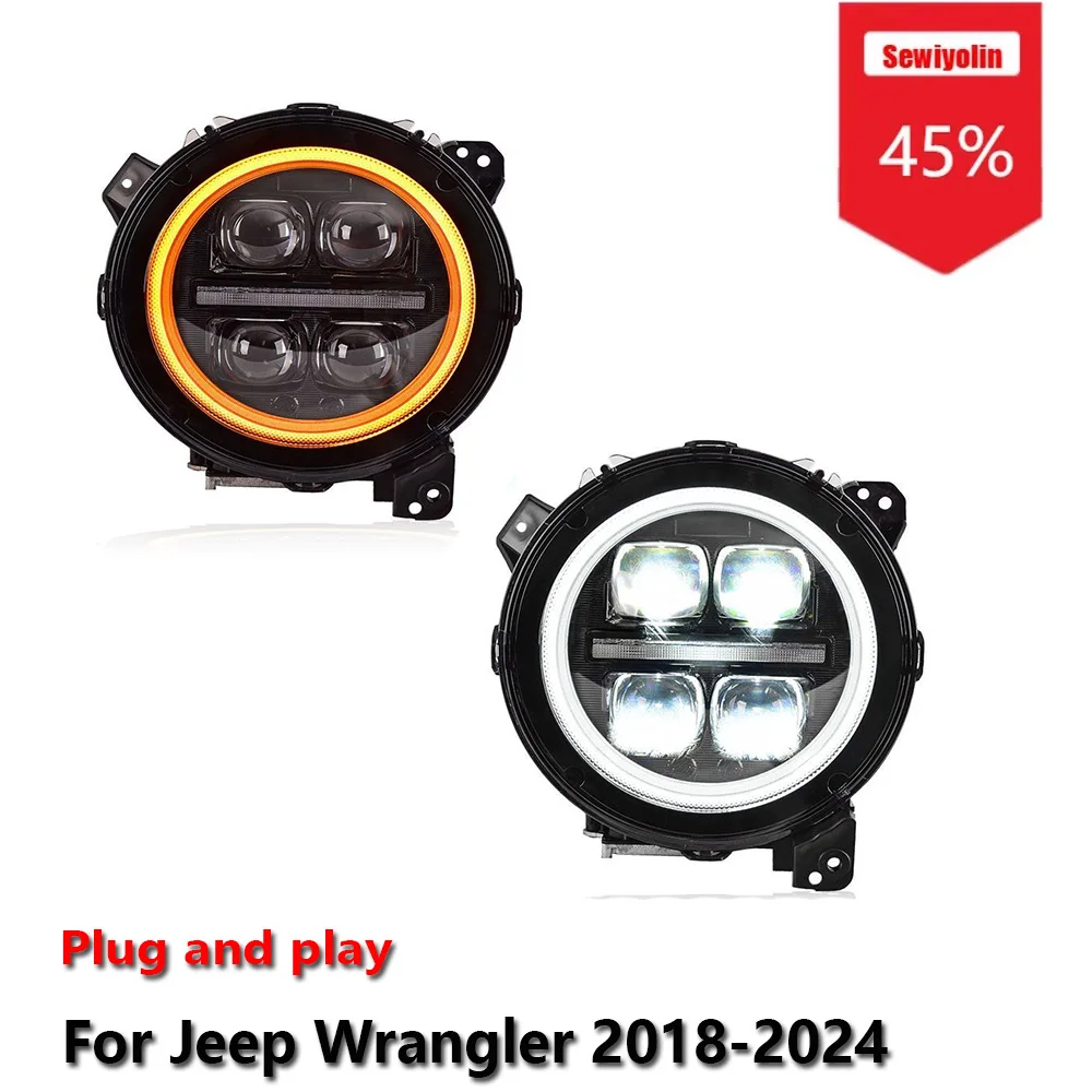 

Sewiyolin автомобильные светодиодные фары в сборе для Jeep Wrangler 2018-2024 противотуманные фары DRL тормозной указатель поворота Plug and Play