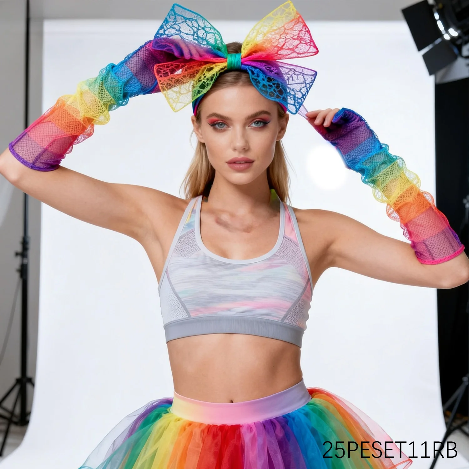 PESENAR's 1980s character costumes include headbands, gloves, short skirts, necklaces, etc