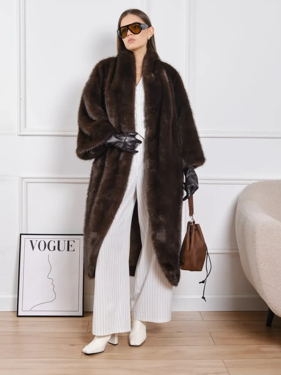 LIMO Women Long Faux Mink Fur Coat Stand Collar Open Front Oversized Loose Wide Sleeve Plush Outerwear