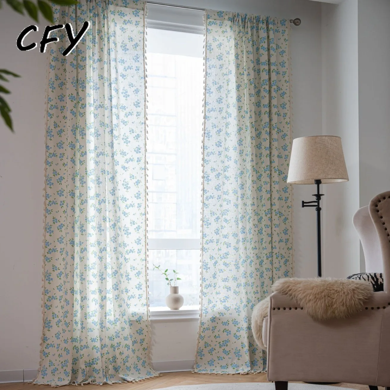 

Cotton Linen American Blue Flower with Tassels Curtains for Living Room Drape Kitchen Valance for The Luxury Living Room