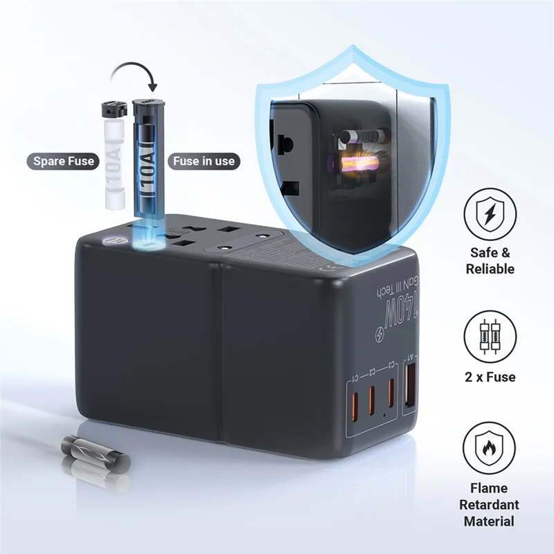 

A33T-140W Internationals Plug Adapter Gan3 Travel Adapter With Universal Outlet 1 USB A 3 Type C Fast Charger